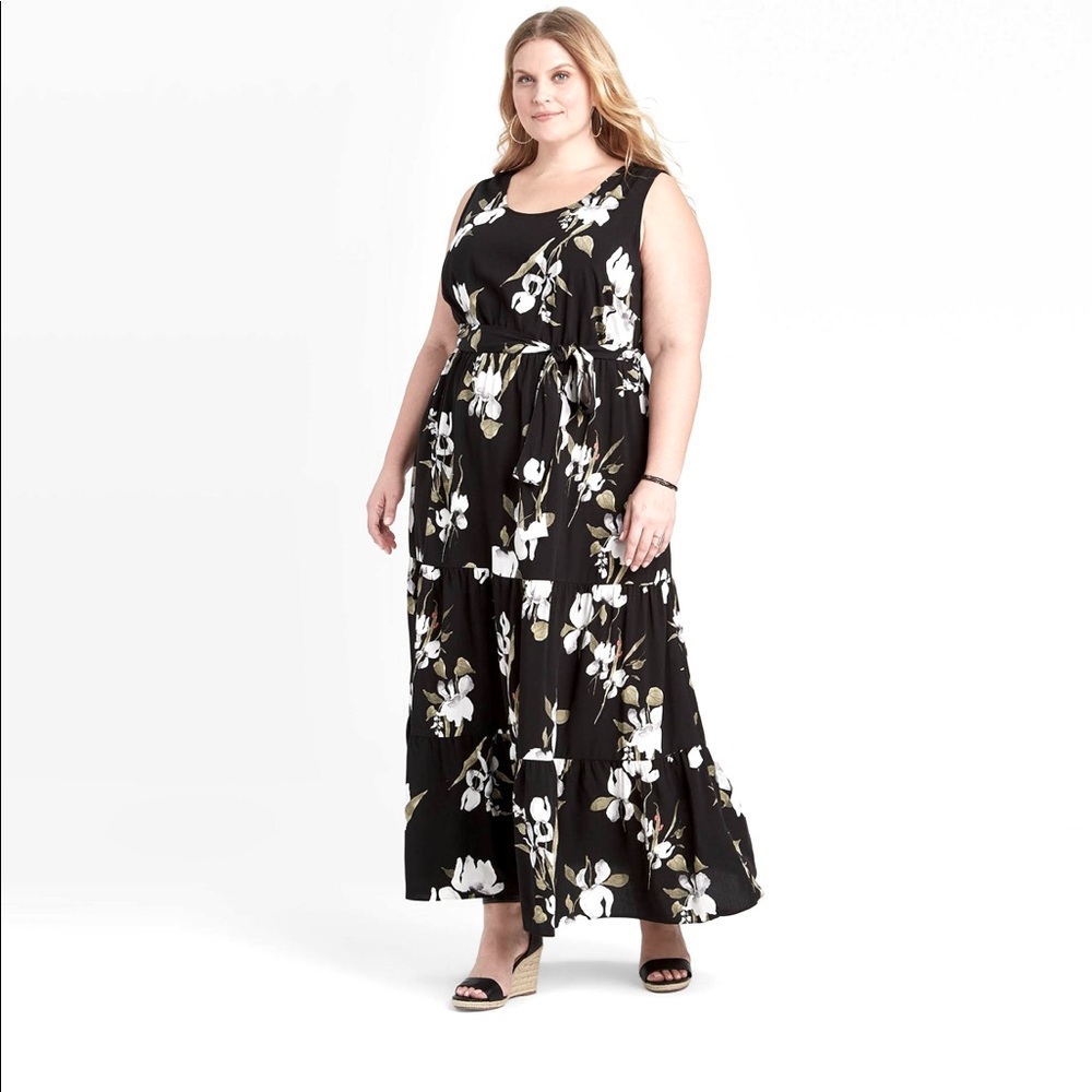 Women's Plus Size Floral Print Sleeveless Tiered Dress - Ava & Viv Black 1x
